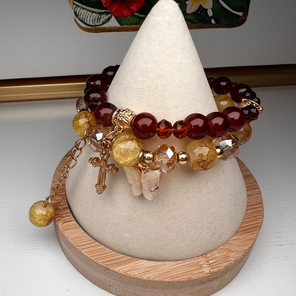 Gemstone Bracelet Set Red Yellow Crackle Cross Charm Boho Christian Butterfly - Picture 2 of 4